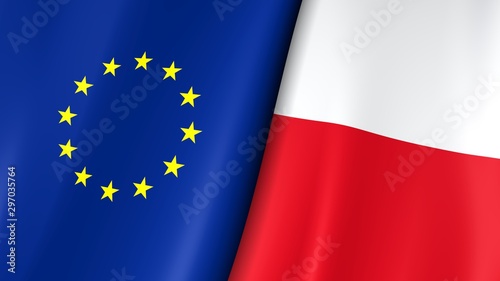 European flag and flag of Poland. Yellow stars on a blue. White and red. Council of Europe. 3d illustration.