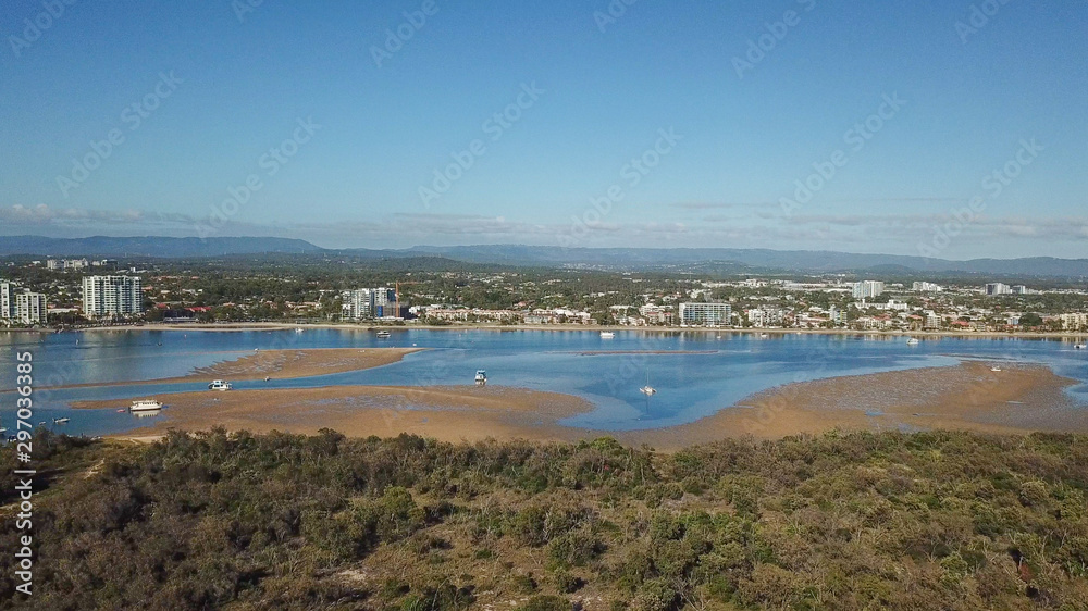 Aerial Drone Above The Gold Coast Broadwater Overlooking Southport And Wave Break Island On A Sunny Day
