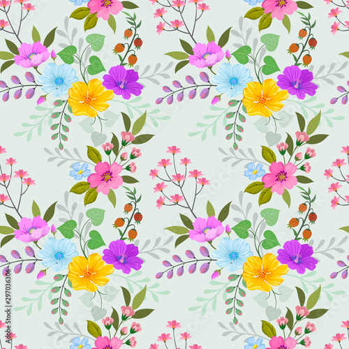 Hand drawn colorful flowers seamless pattern.