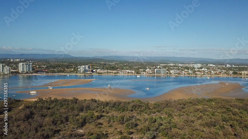 Aerial Drone Above The Gold Coast Broadwater Overlooking Southport And Wave Break Island On A Sunny Day © Amy Michelle