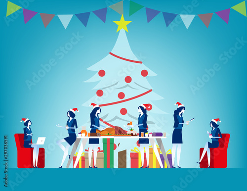 Celebrating Christmas in Office. Corporate Xmas party concept. Flat cartoon vector illustration style © zenzen