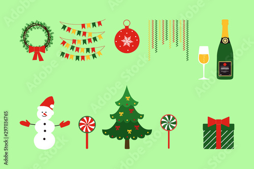 Christmas. Set of Christmas items with festive ornament. Cartoon flat style. Vector illustration