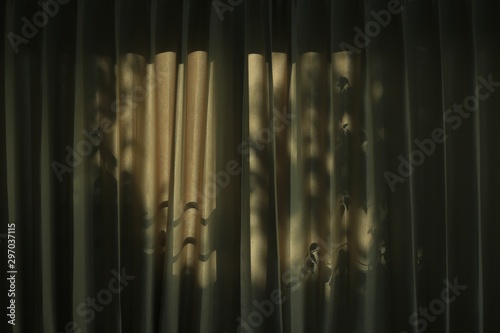 tree leaves shade cast light and shadow on brown curtain. afternoon in the house. sleepy atmosphere at home. sad depressed caged psychology and down concepts