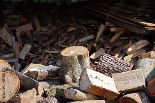 Fototapeta Naklejka Na Ścianę i Meble -  A pile of stacked firewood prepared for heating - gathering firewood for winter