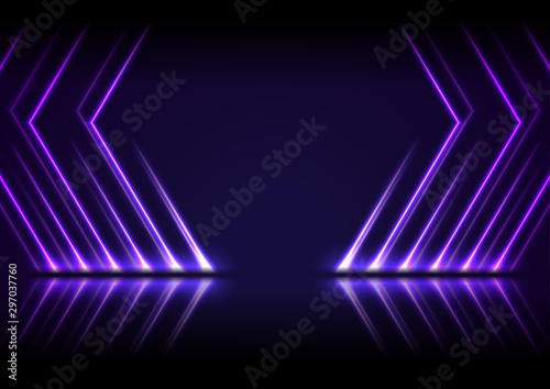 Ultraviolet neon laser lines with reflection. Abstract rays technology retro background. Futuristic glowing graphic design. Modern vector illustration