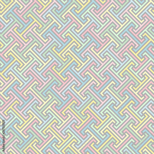 continuous diagonal stylized greek fret repeated motif. vector seamless baby pattern. simple green pink yellow blue gray pastel repetitive background. textile paint. fabric swatch. wrapping paper