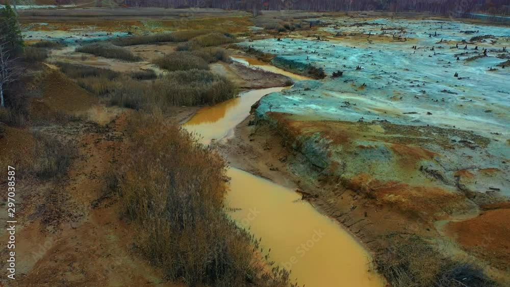 ecological disaster with an apocalyptic landscape of bright yellow-red color, dead soil, chemical waste of a copper smelter, the dirtiest place in the world, Karabash, Russia, Ural. Environmental ecological disaster with an apocalyptic landscape of bright yellow-red color, dead soil, chemical waste of a copper smelter, the dirtiest place in the world, Karabash, Russia, Ural. Environmental