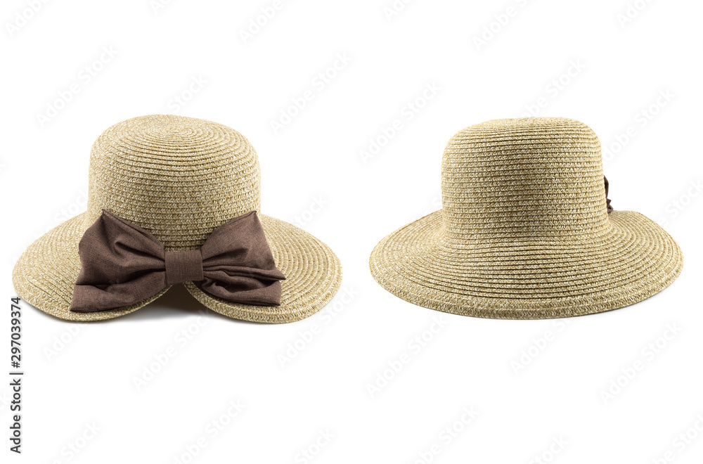 Pretty beautiful straw hat with ribbon and bow on white background beach. Pretty beautiful straw hat with ribbon and bow on white background beach.