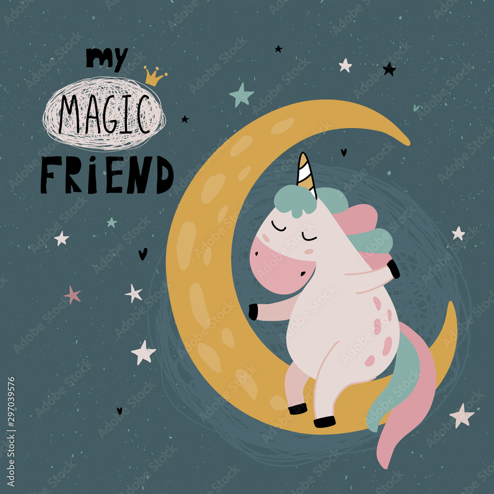 Vector greeting cards with cute unicorn, rainbow, funny font.