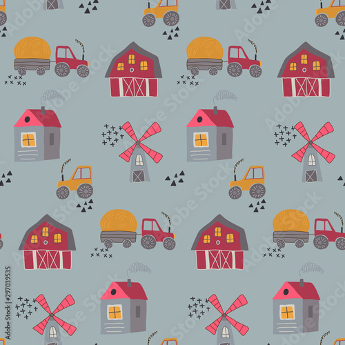 Vector seamless pattern with cute hand drawn farm animals, trees, houses, tractor, mill.