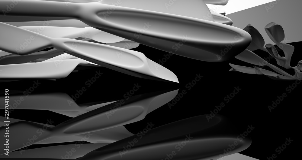 Abstract smooth architectural white and black gloss interior of a minimalist house with large windows. 3D illustration and rendering. Abstract smooth architectural white and black gloss interior of a minimalist house with large windows. 3D illustration and rendering.