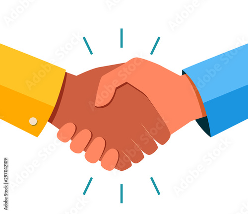 Shaking hands business vector illustration with abstract rays, symbol of success deal, happy partnership, greeting shake, casual handshaking agreement flat sign design isolated on green background
