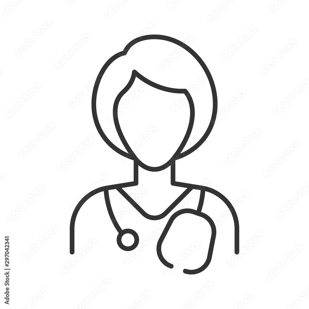 Simple linear medic icon on a white background. Doctor woman with short hair. Gray lines. Phonendoscope on the shoulders. Without a face. Simple linear medic icon on a white background. Doctor woman with short hair. Gray lines. Phonendoscope on the shoulders. Without a face.