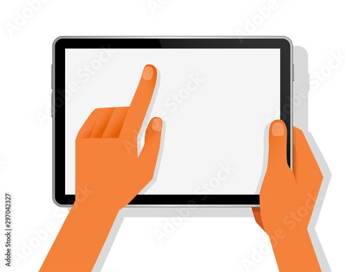 Hands holding and point on digital tablet Two hands and blank screen. Isolated on white background. Vector illustration