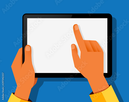Hands holding and point on digital tablet Two hands and blank screen. Isolated on blue background. Vector illustration