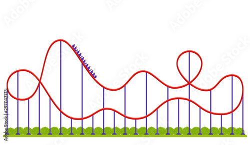 Roller coaster. Vector. Rollercoaster ride track. Amusement park attraction. High scary entertainment. Flat design. Carnival, fun fair theme. Cartoon illustration. Icon isolated on white background.