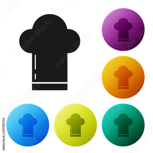 Black Chef hat icon isolated on white background. Cooking symbol. Cooks hat. Set icons colorful circle buttons. Vector Illustration