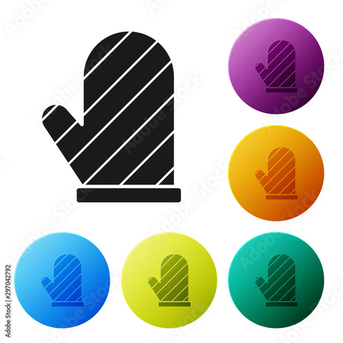 Black Oven glove icon isolated on white background. Kitchen potholder sign. Cooking glove. Set icons colorful circle buttons. Vector Illustration