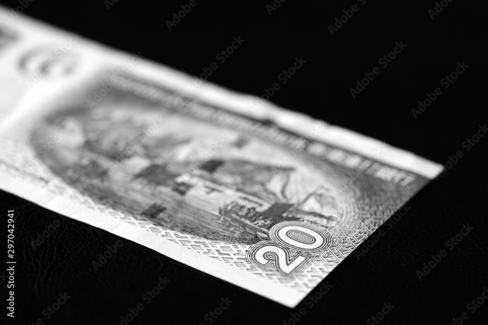 Twenty Hong Kong dollars banknote on a dark background close-up, black and white Twenty Hong Kong dollars banknote on a dark background close-up, black and white