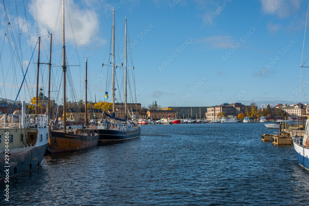 Autumn sea landscape in the inner harbour of Stockholm with ferries and boats