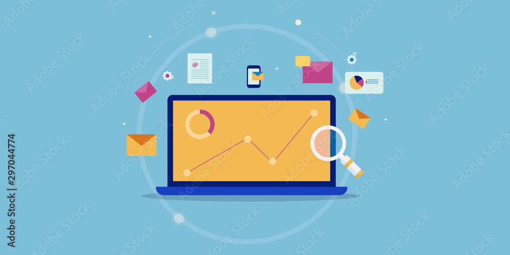 Email marketing, email data, marketing analytic, business kpi metrics concept. Flat design banner template.