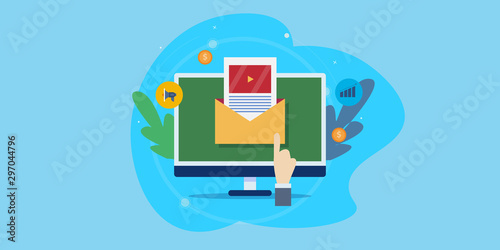 Video email marketing, video content on email newsletter, email promotion, video marketing via email message, internet technology, digital media concept. Web banner template.