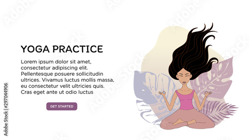 Banner or screen template for school website or yoga studio, meditation classes. Bright banner with practicing meditation by a black-haired girl on a background of tropical plants. Vector