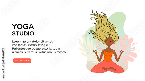 Banner or screen template for school website or yoga studio, meditation classes. Bright banner with practicing meditation by an Asian girl on a background of tropical plants. Vector