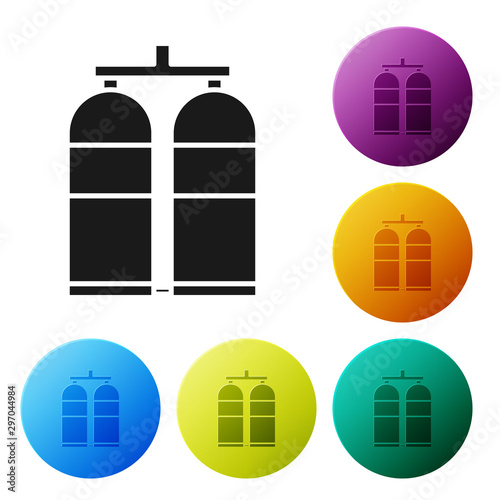 Black Aqualung icon isolated on white background. Oxygen tank for diver. Diving equipment. Extreme sport. Diving underwater equipment. Set icons colorful circle buttons. Vector Illustration