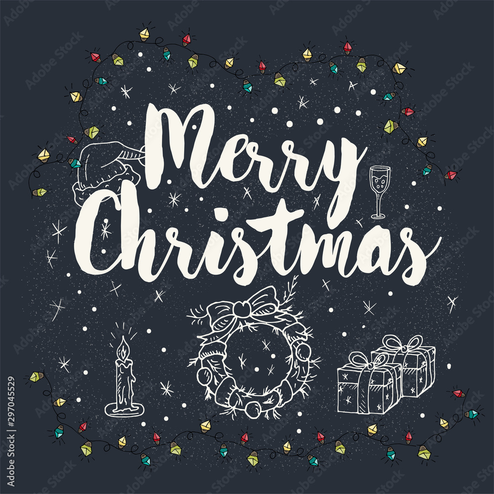 Fototapeta premium Christmas and new year contour layout for design postcards in the style of childrens Doodle greeting inscription wreath gift boxes candle Santa hat garlands