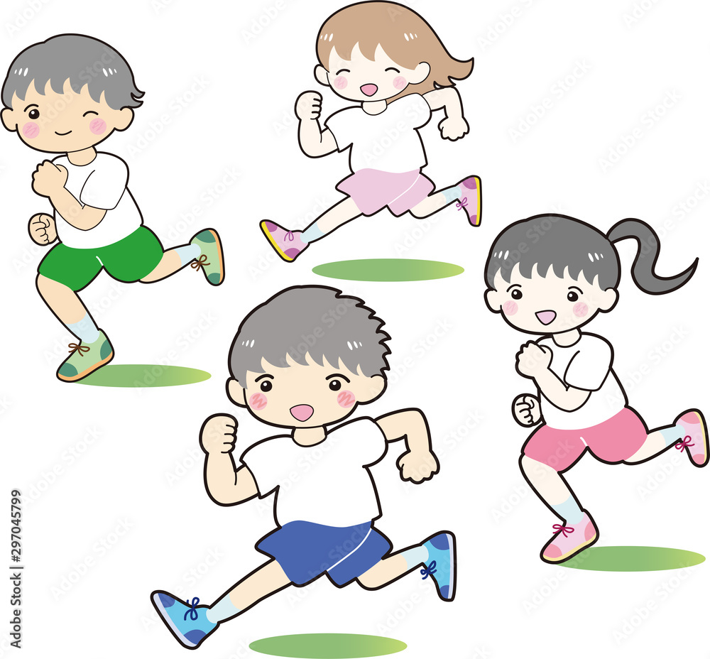 Vetor Do Stock 走る 子どもたち 4人 セット 男の子 女の子 体操着 ランニング イラスト Adobe Stock