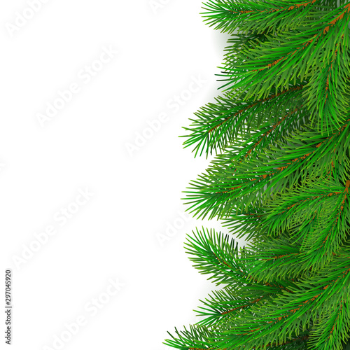 Fir tree border background. Christmas tree brancher. Realistic New Year seasonal decorations. Vector illustration isolated on white background