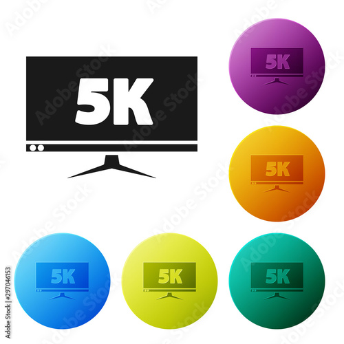 Black Computer PC monitor display with 5k video technology icon isolated on white background. Set icons colorful circle buttons. Vector Illustration