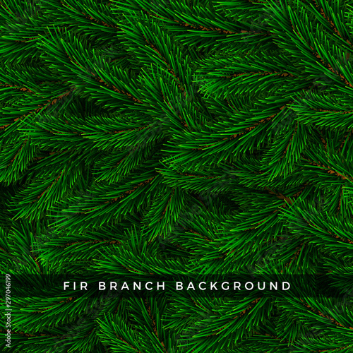 Realistic Christmas tree branches background. Fir branch wallpaper design. Green coniferous needles on branches. Vector