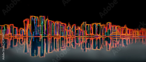 Photography Panoramic view of futuristic urban skyline with illuminated skyscrappers