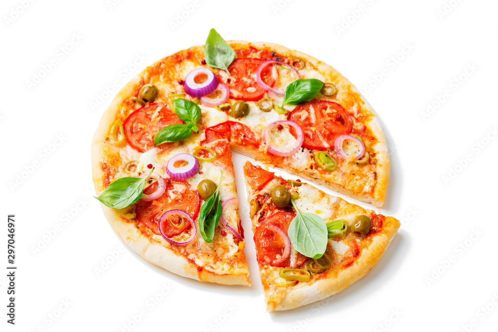 Italian pizza with melted mozzarella cheese green olives and tomato garnished with fresh vegetables and basil leaves.isolated on white background
