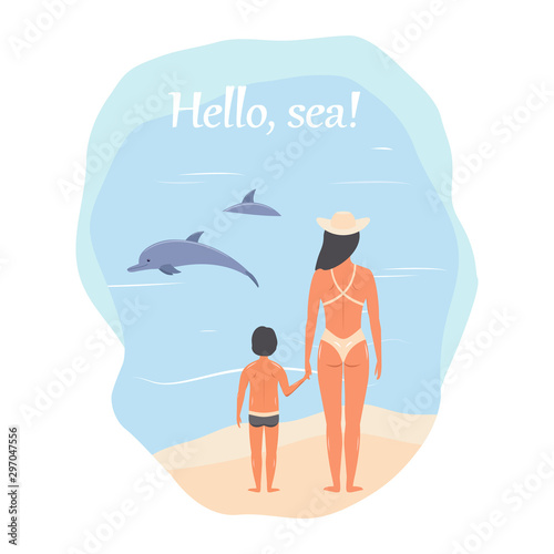  woman with a boy, mother and son see dolphins in the sea. vector cartoon illustration.
