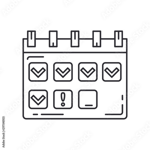 Line business calendar with daily remark icon. Happy birthday. Party celebration, commerce event, daily plan notes element icon. Vector linear design. Illustration vintage object. Work week symbols.