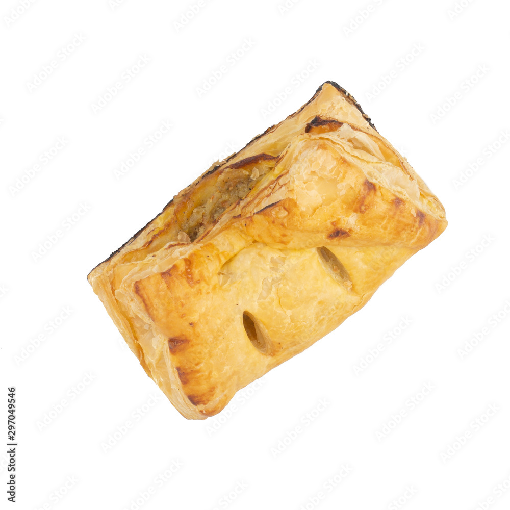 Fresh Homemade Chicken Puff Pastry. Bread and Bakery Products Isolated on White background Fresh Homemade Chicken Puff Pastry. Bread and Bakery Products Isolated on White background