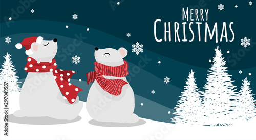 Christmas holidays background of cute polar bears wearing a  Santa hat and red scarf on snowy hill with pine trees on dark blue sky background with snowflakes and Merry Christmas text. 