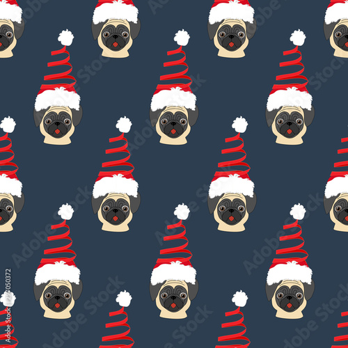 Pug in christmas tree costume seamless pattern