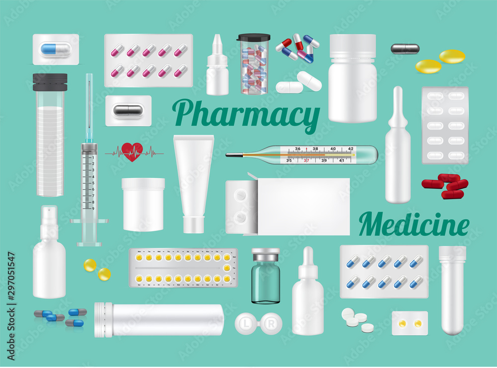 Hospital Tools, Bottle, Tube Mock up and Realistic Capsules, Pill, Medicine on Green Background with Packaging, Thermometer and Syringe Illustration. Tablets Medical, Pharmacy and Health Care Concept Hospital Tools, Bottle, Tube Mock up and Realistic Capsules, Pill, Medicine on Green Background with Packaging, Thermometer and Syringe Illustration. Tablets Medical, Pharmacy and Health Care Concept