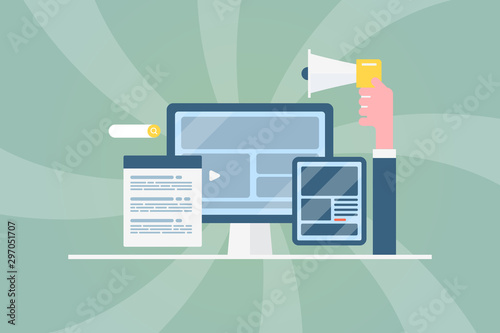 Content marketing, social media advertising, digital content, cms, blog post, website technology. Flat design business banner template.