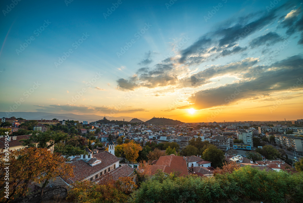 Autumn sunset over Plovdiv city, Bulgaria. European capital of culture 2019 and the oldest living city in Europe. Photo from one of the hills in the city.