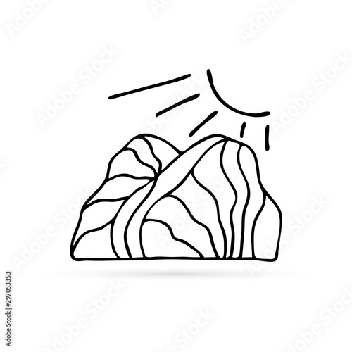 Doodle mountain icon. Hand drawing logo template. Linear vector illustration.