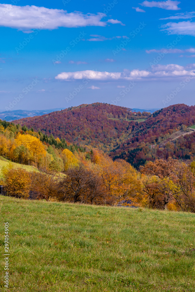 autumn in the mountains and blue sky.