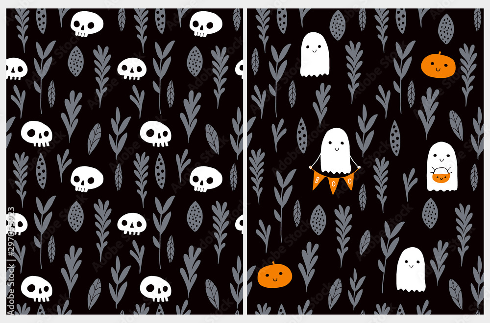 Cute Hand Drawn Halloween Vector Patterns. Little White Ghost,Sweet Little  Pumpkins and White Funny Skulls on a Black Background. Dark Scary   Illustrations for Card, Party Decoration. Stock Vector |  Adobe Stock