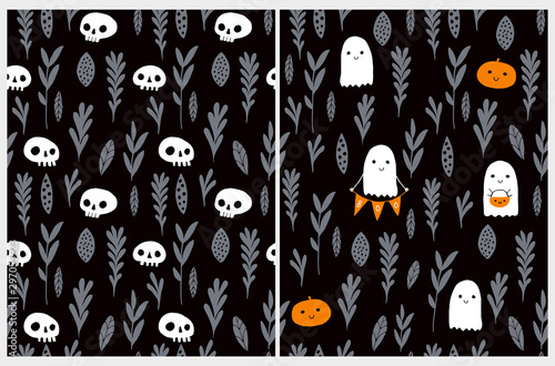 Cute Hand Drawn Halloween Vector Patterns. Little White Ghost,Sweet Little Pumpkins and White Funny Skulls on a Black Background. Dark Scary Garden.Halloween Illustrations for Card, Party Decoration. 