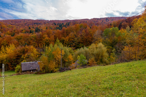 House in Mountains covered with forest in the autumn season