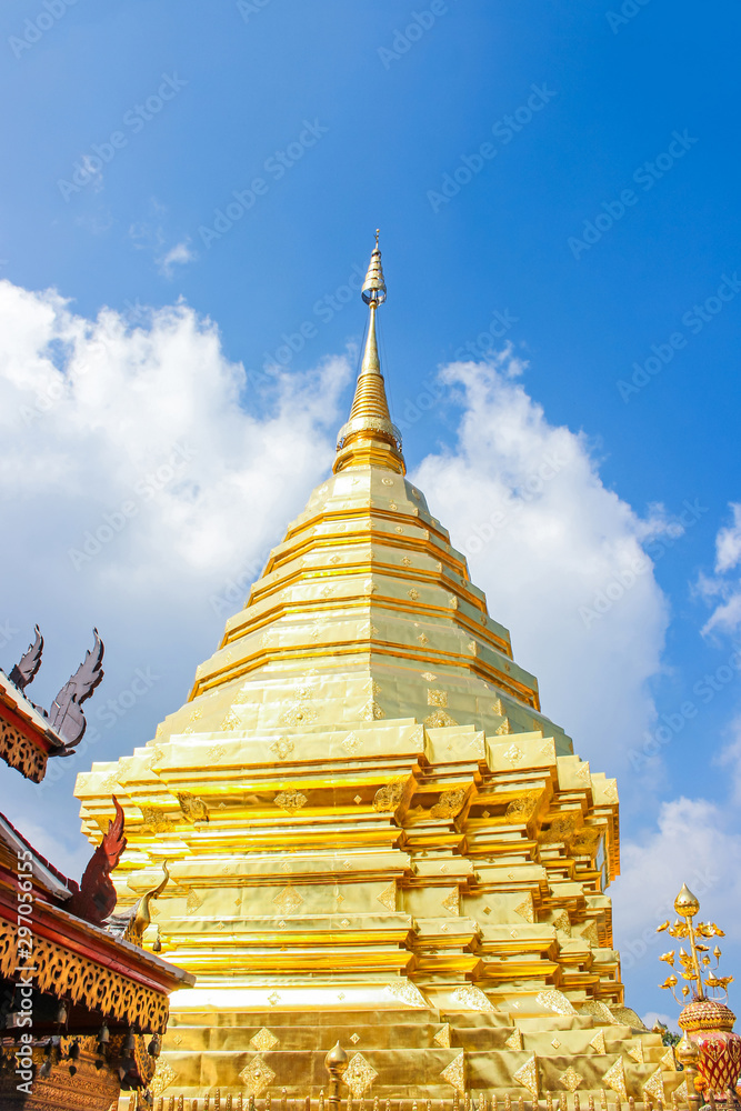 Golden pagoda and umbrella in Wat Phra That Doi Suthep is the popular tourist destination of Chiang Mai, Thailand. Golden pagoda and umbrella in Wat Phra That Doi Suthep is the popular tourist destination of Chiang Mai, Thailand.